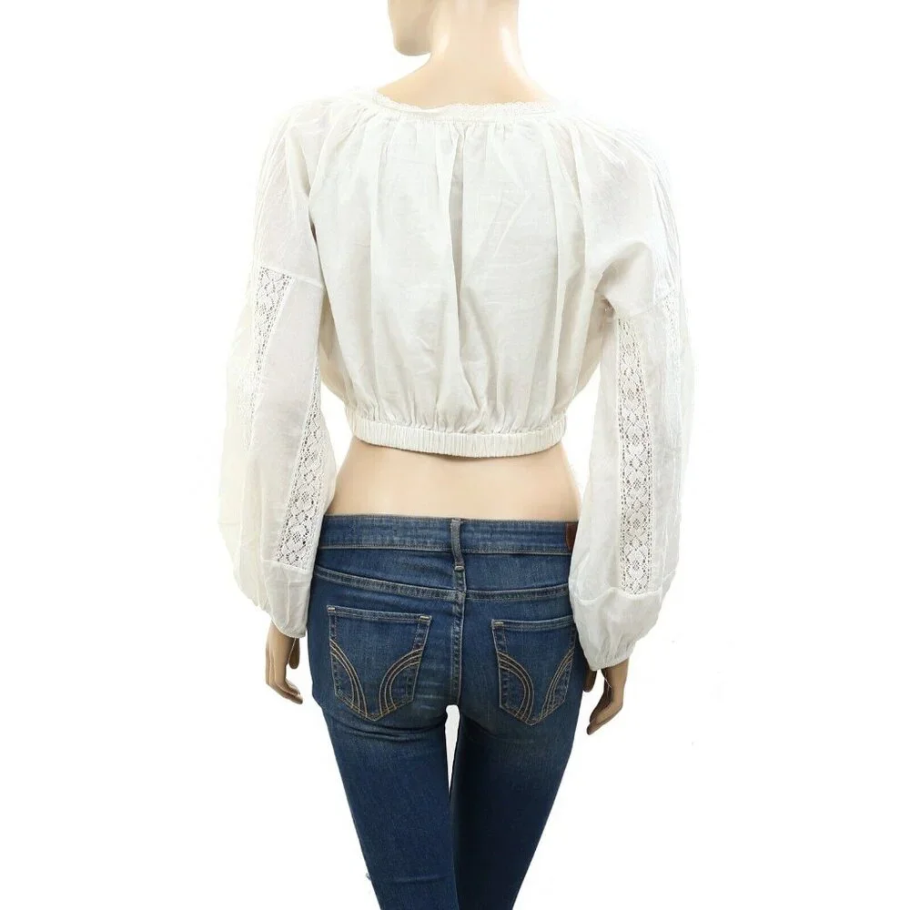Ulla Johnson Lace Cropped Solid Top Long Sleeve Ivory Cotton Blouse M New